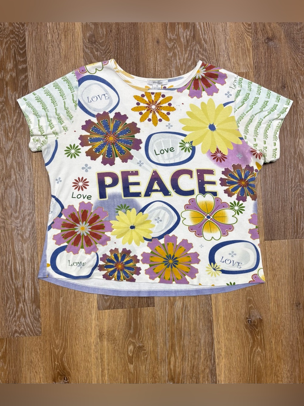 dressbarn White Floral 'PEACE' Graphic Tee with Yellow & Purple Accents